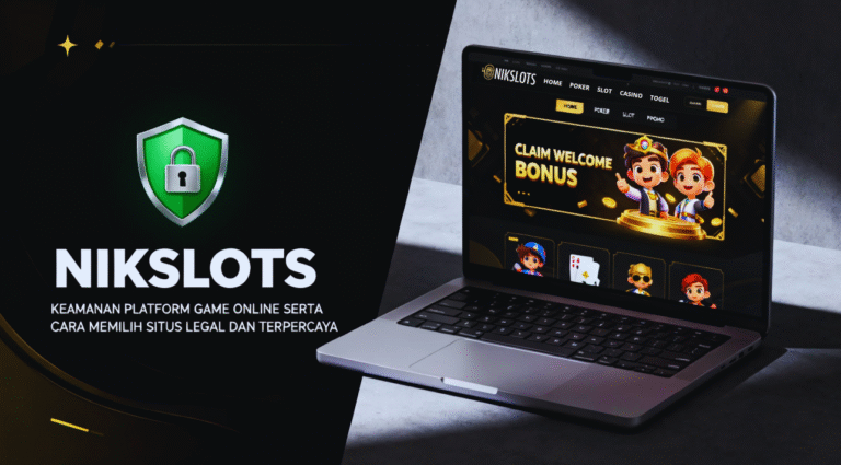 Ilustrasi digital modern bertema keamanan platform game online NIKSLOTS, menampilkan desain futuristik dengan simbol perisai, perangkat digital, dan teks “NIKSLOTS: Keamanan Platform Game Online serta Cara Memilih Situs Legal dan Terpercaya”.