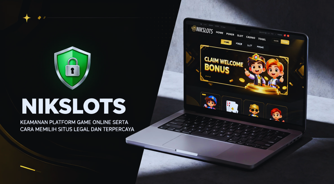 Ilustrasi digital modern bertema keamanan platform game online NIKSLOTS, menampilkan desain futuristik dengan simbol perisai, perangkat digital, dan teks “NIKSLOTS: Keamanan Platform Game Online serta Cara Memilih Situs Legal dan Terpercaya”.